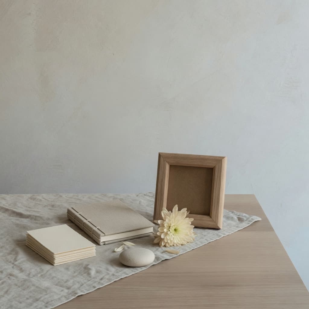 Linen-bound book, blank cards and an oak frame
