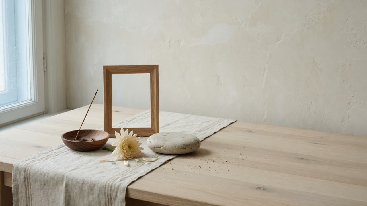 Incense, empty frame and chrysanthemum by a north window