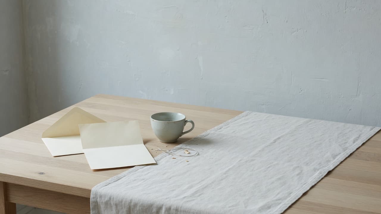 長枱上的信封、信紙與茶杯