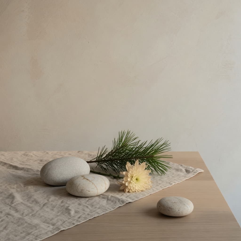 Limestone, pine sprig and cream chrysanthemum