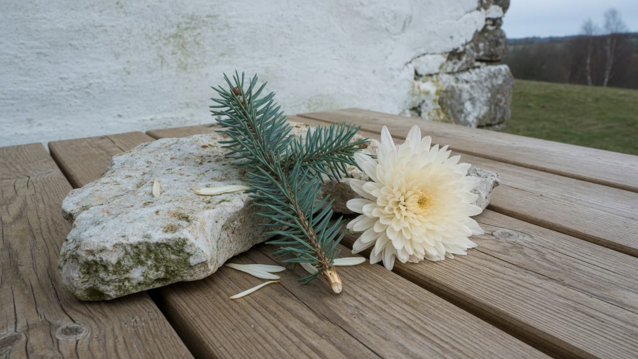 Weathered limestone, pine and chrysanthemum