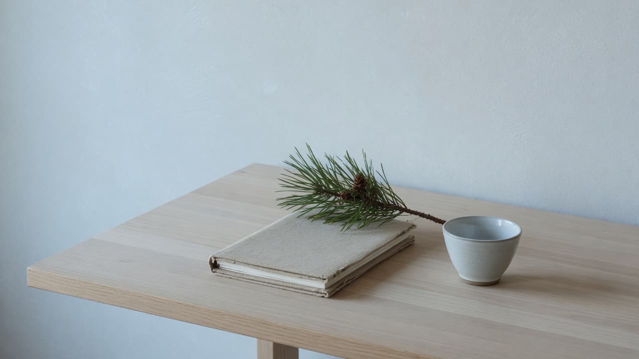 合上的亞麻冊、松枝與茶杯
